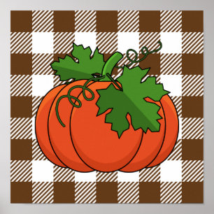 Orange Pumpkin on White Brown Chequered Pattern Poster