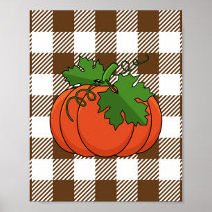Orange Pumpkin on White Brown Chequered Pattern Poster