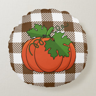 Orange Pumpkin on White Brown Chequered Pattern Round Cushion