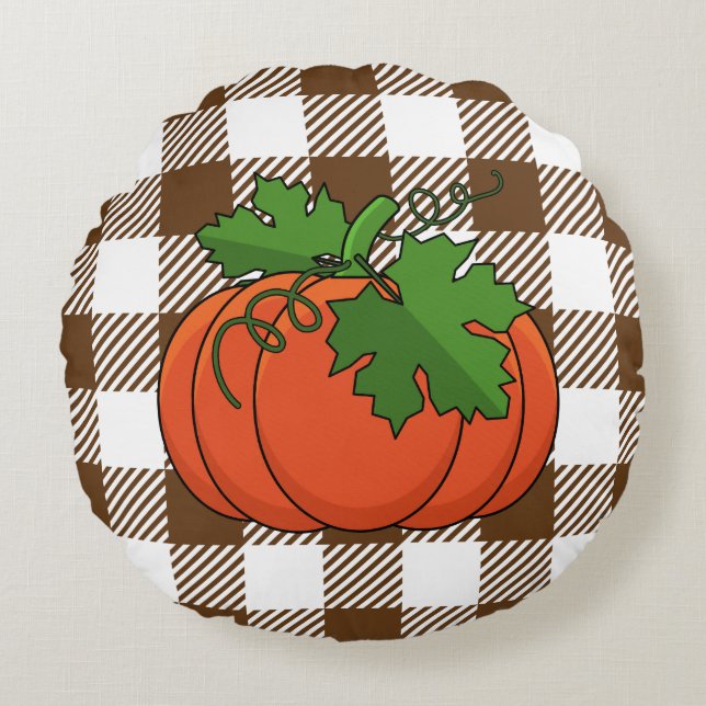Orange Pumpkin on White Brown Chequered Pattern Round Cushion (Front)