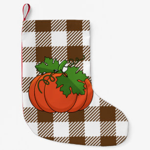 Orange Pumpkin on White Brown Chequered Pattern Small Christmas Stocking