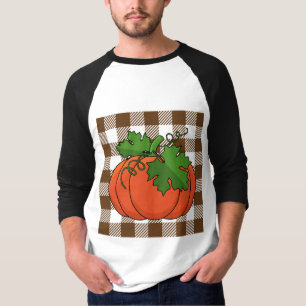Orange Pumpkin on White Brown Chequered Pattern T-Shirt
