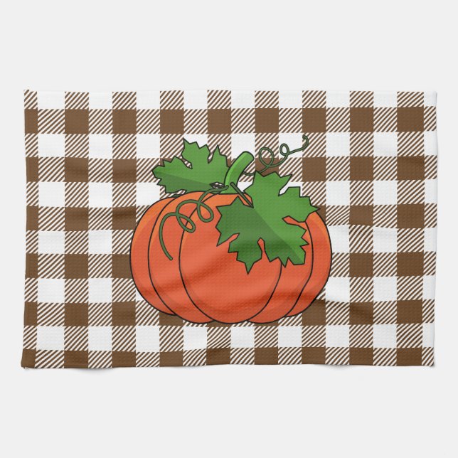 Orange Pumpkin on White Brown Chequered Pattern Tea Towel (Horizontal)