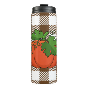 Orange Pumpkin on White Brown Chequered Pattern Thermal Tumbler