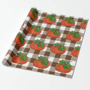 Orange Pumpkin on White Brown Chequered Pattern Wrapping Paper