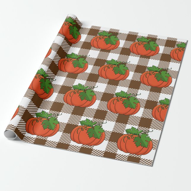 Orange Pumpkin on White Brown Chequered Pattern Wrapping Paper (Unrolled)