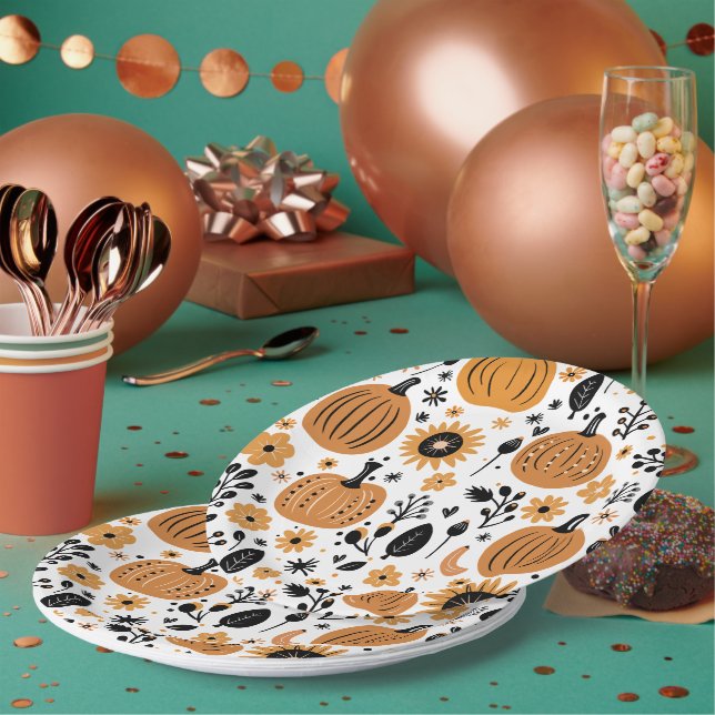 Orange Pumpkin Pattern Thanksgiving Dinner Party Paper Plate (Multi)