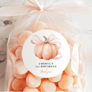 Orange Pumpkin Pink Bow 1st Birthday Classic Round Sticker