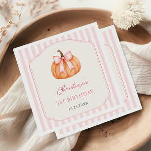 Orange Pumpkin Pink Bow 1st Birthday Napkin