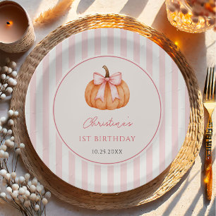 Orange Pumpkin Pink Bow 1st Birthday Paper Plate