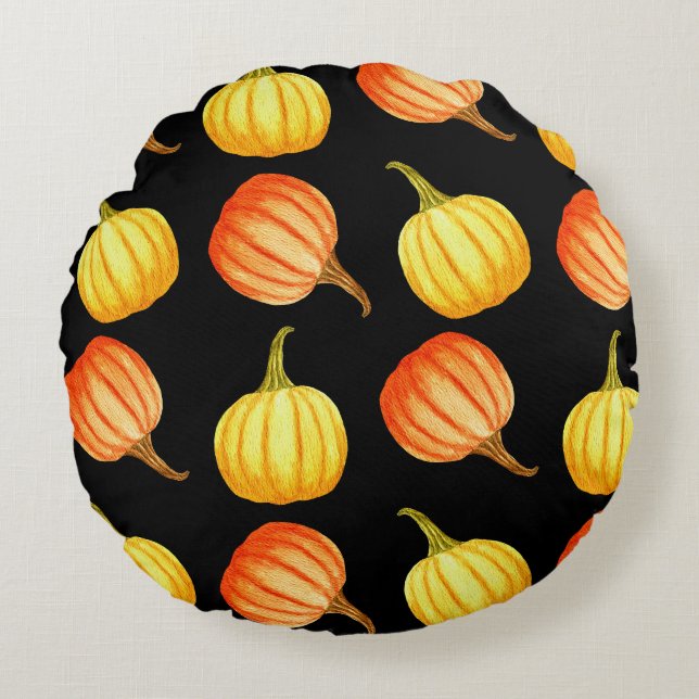 Orange Pumpkin: Seamless Watercolor Pattern. Round Cushion (Front)