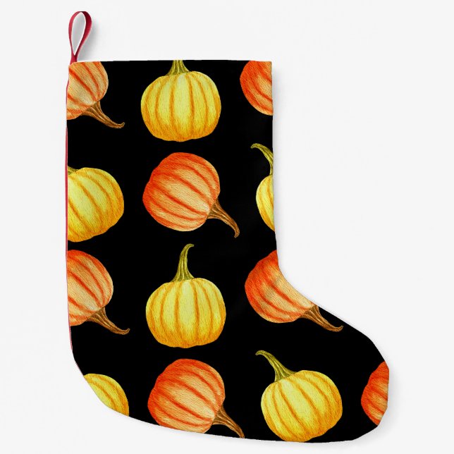Orange Pumpkin: Seamless Watercolor Pattern. Small Christmas Stocking (Front)