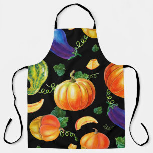 Orange pumpkin, Striped zucchini, blue eggplant on Apron