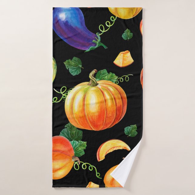 Orange pumpkin, Striped zucchini, blue eggplant on Bath Towel (Bath Towel)