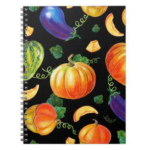 Orange pumpkin, Striped zucchini, blue eggplant on Notebook