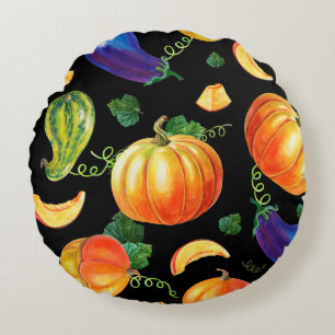 Orange pumpkin, Striped zucchini, blue eggplant on Round Cushion