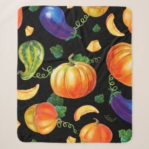 Orange pumpkin, Striped zucchini, blue eggplant on Sherpa Blanket