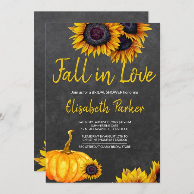 Orange Pumpkin Sunflowers Chalkboard Bridal Shower Invitation (Front/Back)