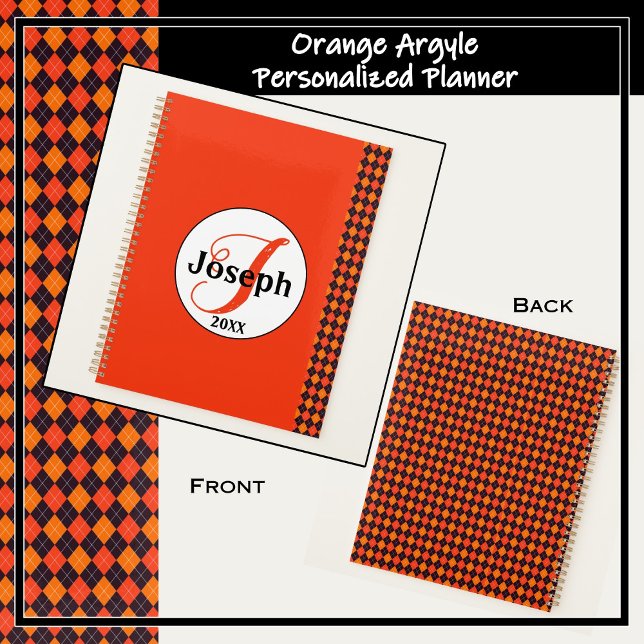 Orange Pumpkin Tangerine Black Argyle Monogrammed  Planner (Shades of orange and black argyle planner to personalize.)