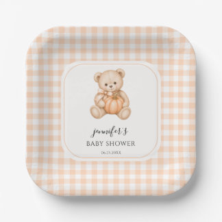 Orange Pumpkin Teddy Bear Autumn Baby Shower Paper Plate