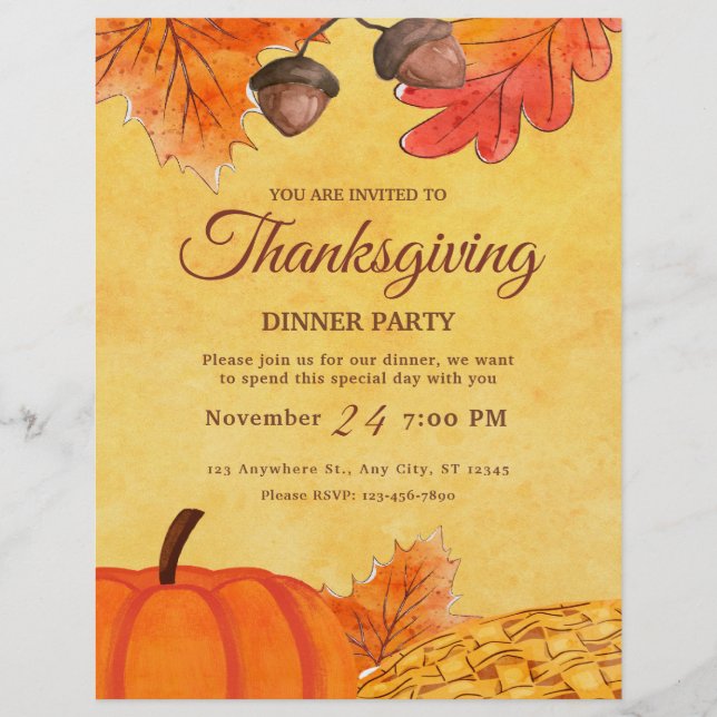 Orange Pumpkin Thanksgiving dinner party Printable Flyer (Front)