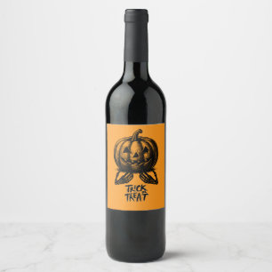 Orange Pumpkin Trick Or Treat Skull Hand Spooky Wine Label