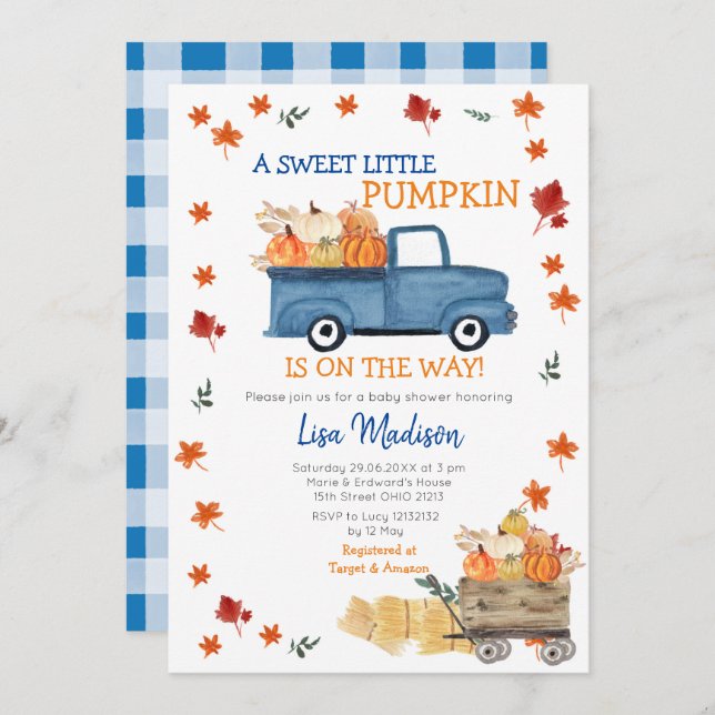 Orange Pumpkin Truck Baby Shower Girl Invitation (Front/Back)