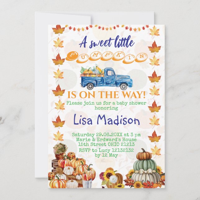 Orange Pumpkin Truck Baby Shower Girl Invitation (Front)