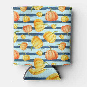 Orange pumpkin: watercolor striped decor. can cooler