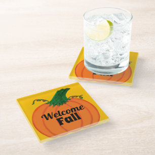 Orange Pumpkin Welcome Fall Glass Coaster