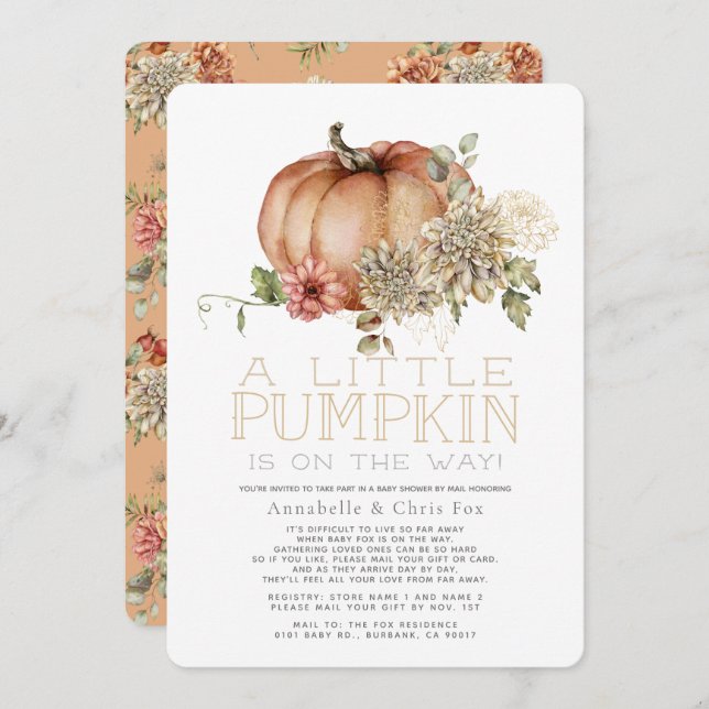 Orange Pumpkin & White Dahlia Baby Shower by Mail Invitation (Front/Back)