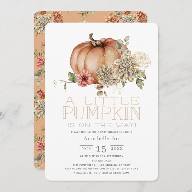 Orange Pumpkin & White Dahlia Baby Shower Invitation (Front/Back)