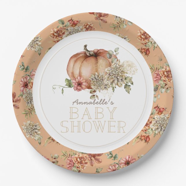 Orange Pumpkin & White Dahlia Baby Shower Paper Plate (Front)