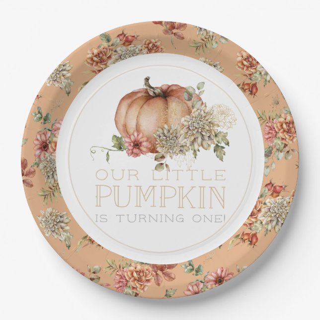 Orange Pumpkin & White Dahlia Birthday Paper Plate (Front)