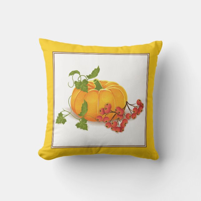 Orange pumpkin, yellow border fall Thanksgiving Cushion (Front)