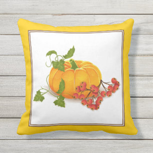 Orange pumpkin, yellow border fall Thanksgiving Cushion