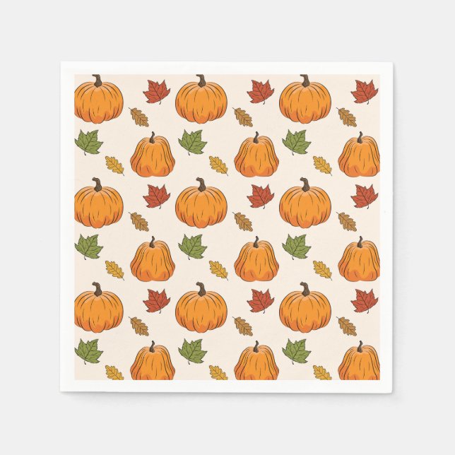 Orange Pumpkins And Autumn Fall Leaves Pattern Napkin (Front)