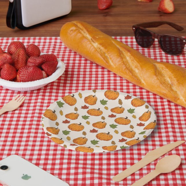 Orange Pumpkins And Autumn Leaves Pattern Paper Plate (Picnic)