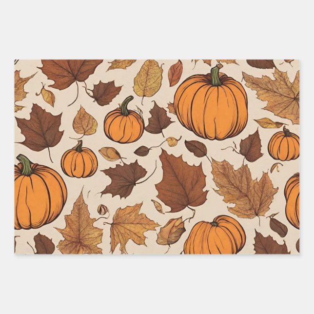 Orange Pumpkins and Autumn Leaves  Wrapping Paper Sheet (Front)
