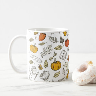 Orange pumpkins and engraved-style leaves. coffee mug