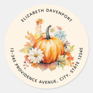 Orange Pumpkins and Flowers Autumn Address Classic Round Sticker