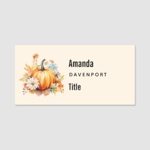 Orange Pumpkins and Flowers Autumn Business Name Tag