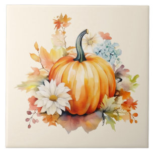 Orange Pumpkins and Flowers Autumn Ceramic Tile