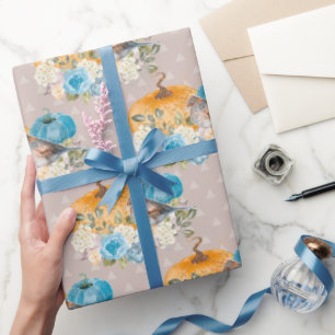 Orange Pumpkins Blue Pumpkins and Flowers Thanks Wrapping Paper