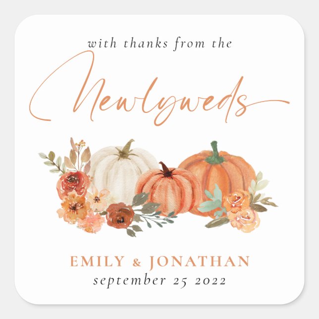Orange Pumpkins Florals Thanks from Newlyweds  Square Sticker (Front)
