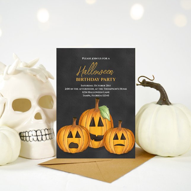 Orange Pumpkins Halloween Birthday Party Invitation (Halloween birthday party orange and black pumpkin invitations)
