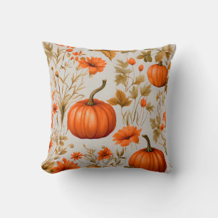 Orange Pumpkins Leaves And Flowers, Fall Decor Cushion