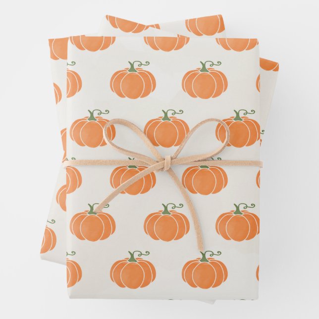 Orange Pumpkins on Beige Gift Wrapping Paper (In situ)