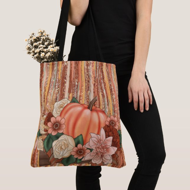 ORANGE PUMPKINS & ORANGE GOLD & GREEN FLOWERS TOTE BAG (Close Up)