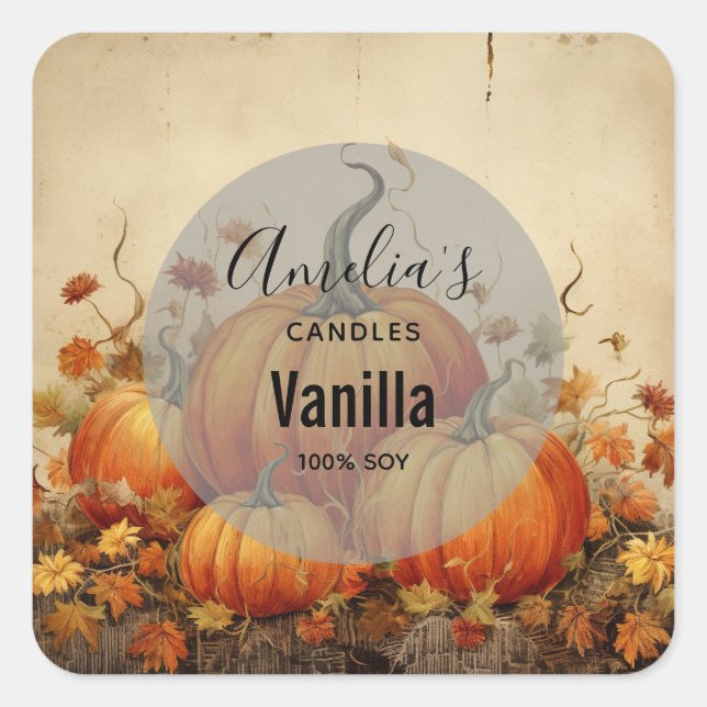  Orange Pumpkins Rustic Autumn - Candle Business Square Sticker (Front)
